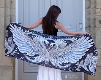 Silver Lunar Moon Swans, Mute Swans Scarf, Shawl, Wrap, Cover Up, Bird Scarf, Scarf with Wings, Costume, hundred stars