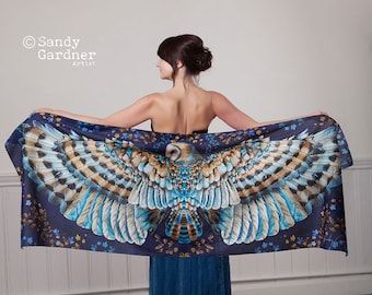 Owl Wing Scarf, Acclaimed British Artist, Silk, Quality cotton shawl, Mothers Day, gift for her, feather scarf, owl shawl, owl gift