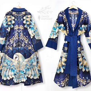 New, The Golden Night Owl robe of wings  cotton lawn kimono, robe, dressing gown, long jacket, gown, cover up, throw over, kaftan, cloak