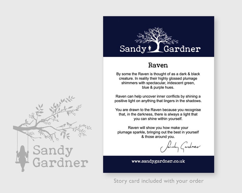 May include: A blue and white card with a black and white illustration of a tree and the text "Sandy Gardner". The card also features the text "Raven" and a poem about the meaning of the raven.