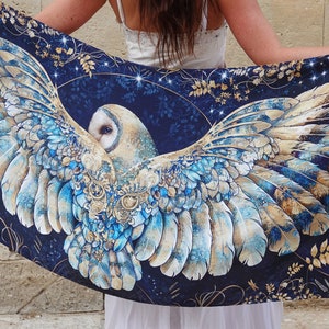 New Night Owl Wing Scarf, Acclaimed British Artist, Silk, cotton shawl, Mothers Day, gift for her, feather scarf, owl shawl, owl gift image 2