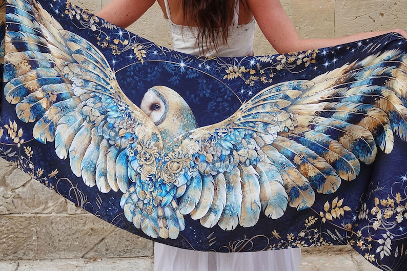 New Night Owl Wing Scarf, Acclaimed British Artist, Silk, cotton shawl, Mothers Day, gift for her, feather scarf, owl shawl, owl gift image 2