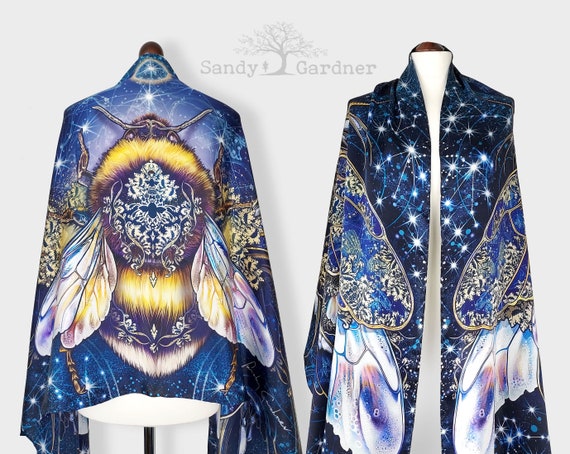 Bumble Bee silk scarf shawl or cotton, gift for her, wings zodiac Constellations universe galaxies star signs, horoscope, gift for artist