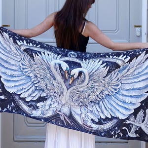 Lunar Moon Swans, Mute Swans Scarf, Shawl, Wrap, Cover Up, Bird Scarf, Scarf with Wings, Costume, hundred stars, bed runner, wall hang