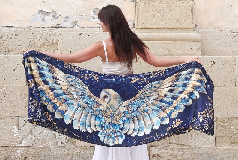 New Night Owl Wing Scarf, Acclaimed British Artist, Silk, cotton shawl, Mothers Day, gift for her, feather scarf, owl shawl, owl gift image 1