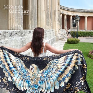 Night Owl Black Wing Scarf, UK Designed Made, Acclaimed British Artist, Silk or cotton, Mothers, gift for her, bird wing, owl gift artist