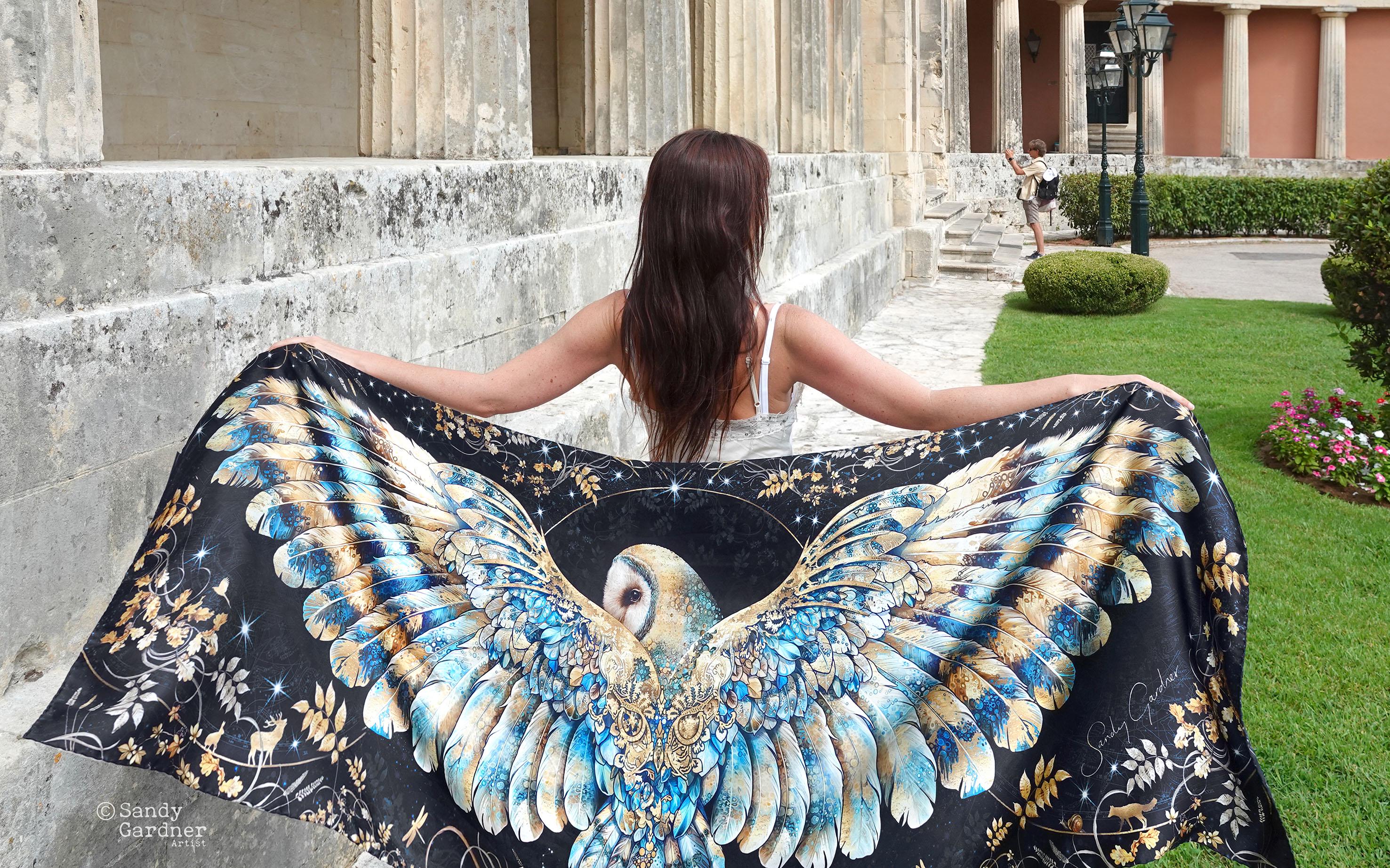 Owl Scarf, Barn Owl Black shawl, gift for her, owl present, sarong, bird scarf, wing scarf, cotton o