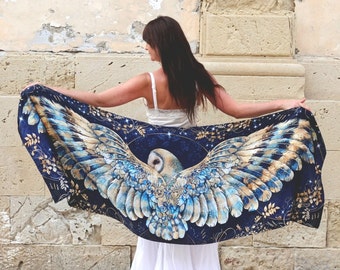 New Night Owl Wing Scarf, Acclaimed British Artist, Silk,  cotton shawl, Mothers Day, gift for her, feather scarf, owl shawl, owl gift