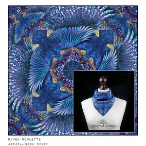 May include: A blue and gold patterned neck scarf with a design of ravens in flight. The scarf is 42 inches by 42 inches and is shown on a mannequin. The text "Raven Roulette 42x42cm Neck Scarf" is at the bottom of the image. The text "Sandy Gardner" is on the mannequin's chest.