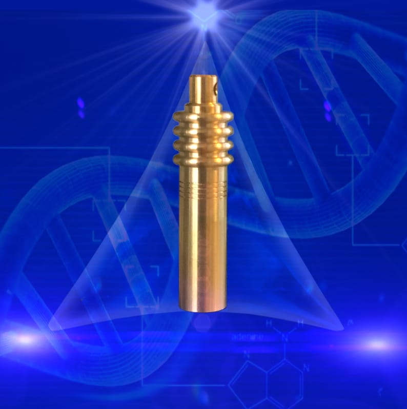 May include: A gold-colored metal object with a cylindrical body and a ridged top. The object has a small hole at the top and appears to be a component or part of a larger mechanism. The background is a gradient of blue with a DNA-like pattern.