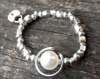 pulsera elástica, pulsera de perlas, mujer boho, pulsera de plata, pulsera de mujer, pulseras para mujer