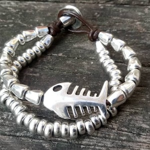 skeleton bracelet, leather bracelet, silver bracelet , Silver bracelet beaded bracelet fish uno de 50 style  statement bracelet