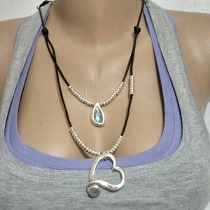 Leather necklace for women,silver heart necklace,Swarovski necklace for gift,crystal necklace for women,style uno de 50 necklace