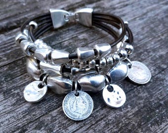 Pulsera de plata, pulsera de cuentas, pulsera boho, pulsera de monedas, pulsera de cuero, pulseras para mujer, pulsera estilo uno de 50, pulsera cham