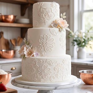 May include: A three-tiered white cake featuring intricate embossed floral and scroll patterns. The cake is decorated with clusters of pale pink and white sugar flowers on the top and middle tiers, with small white beaded borders at each base.