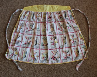 Vintage c. 1950's/60's Cotton Woman's Bar Cocktail Apron w/ Drink Recipes MCM Barware
