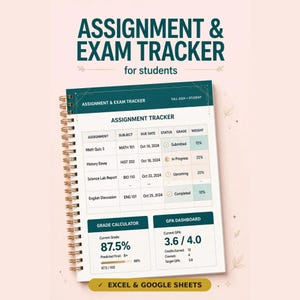 Op de afbeelding: Een spiraalgebonden notitieboek voor het bijhouden van opdrachten en examens voor studenten. De omslag bevat de tekst ASSIGNMENT & EXAM TRACKER for students. De binnenpagina's tonen een tabel voor opdrachten, een cijfercalculator en een GPA-dashboard.