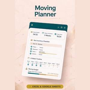May include: A digital Moving Planner interface for Excel and Google Sheets featuring a dark teal header with the text Moving Planner. The dashboard displays progress bars for boxes packed, weeks until move, tasks done, a box inventory checklist, an 8-week timeline, and a moving budget section with financial data.