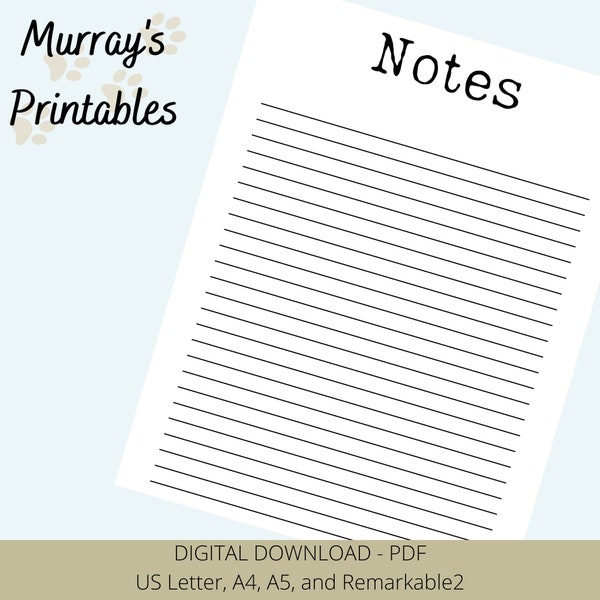 Printable Notes Page, Single Spaced, Typewriter Font, Planner Insert, Lined Notebook Paper, Notepad Paper, Easy Download
