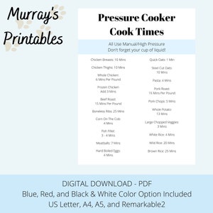 Pressure Cooker Standard Cook Times Printable, A4, A5, US Letter, ReMarkable 2