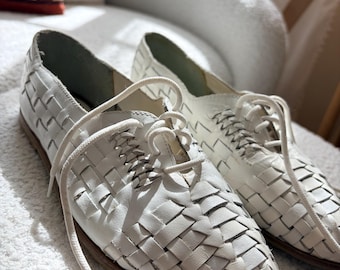 Zapatos Oxford de cuero tejido vintage de los años 90, blancos, brasileños, con cordones, para mujer, talla 7, minimalistas