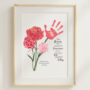 Cadeau d'appréciation du professeur de la part d'un étudiant, artisanat d'art imprimable empreinte de main de professeur, cadeau de remerciement, cadeau de fin d'année, bouquet d'oeillets empreinte de main