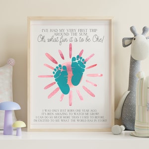 First Birthday Handprint Footprint Craft, One Year Old Milestone Craft, PRINTABLE Nursery Wall Art, Pink Sun, DIGITAL DOWNLOAD