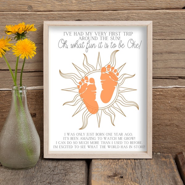 First Birthday Handprint Footprint Craft, One Year Old Milestone Craft, PRINTABLE Nursery Wall Art, Neutral Beige, DIGITAL DOWNLOAD