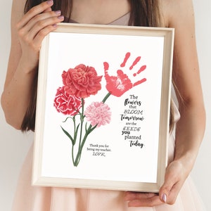 Cadeau d'appréciation du professeur de la part d'un étudiant, artisanat d'art imprimable empreinte de main de professeur, cadeau de remerciement, cadeau de fin d'année, bouquet d'oeillets empreinte de main