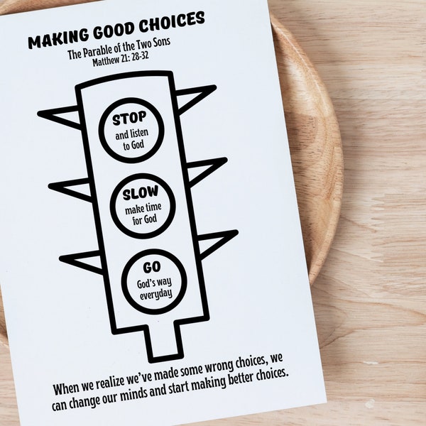 Making Good Choices Coloring Page, Parable of the Two Sons, Catholic Religious Education, Preschool Kindergarten Catechism, Matthew 21:28-32
