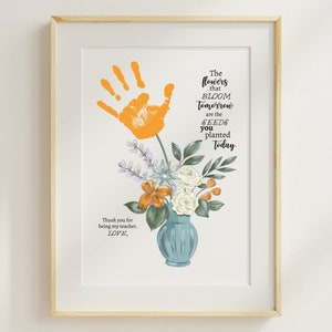 Cadeau d'appréciation du professeur de la part d'un étudiant, artisanat d'art imprimable empreinte de main de professeur, cadeau de remerciement, cadeau de fin d'année, bouquet d'empreintes de main jaune bleu