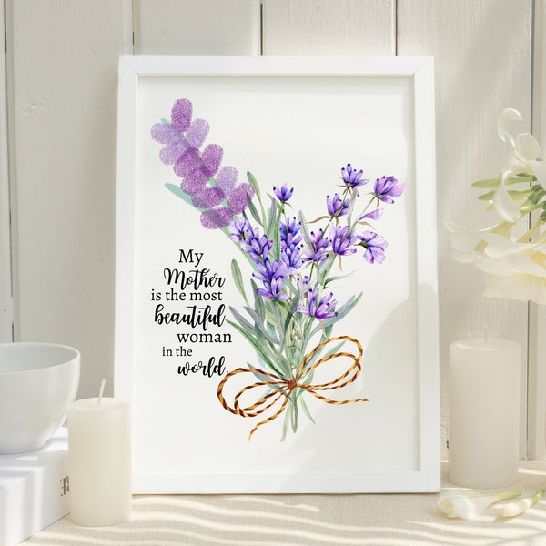 Beautiful Mom Gift Lavender Thumbprint, Printable Mothers Day Gift from Kids, Birthday Gift, Thank you gift, Handprint Flower Bouquet