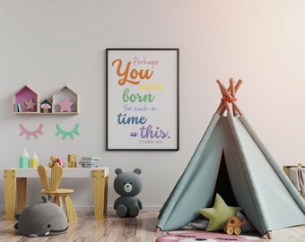 May include: A light blue teepee tent with a red and white star pillow inside. A black teddy bear sits on the wooden floor next to the teepee. A framed print with the text "Perhaps you were born for such a time as this. Esther 4:14" hangs on the wall.
