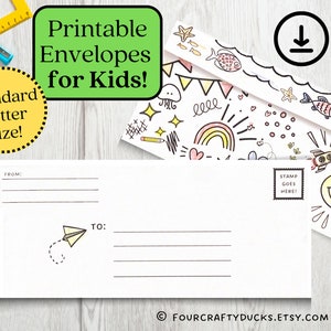 Sobres imprimibles para niños, Papelería para niños, Sobres de amigos por correspondencia, Correo postal, Sobre estándar tamaño carta #10, Arte de sobres