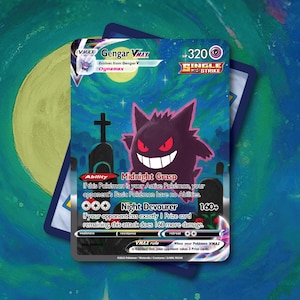 May include: A Gengar VMAX Pokémon card with a purple Gengar illustration, a graveyard scene, and the text "Midnight Grasp" and "Night Devourer." The card has a Single Strike symbol and a 320 HP value.