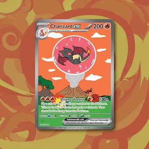 May include: Charizard EX Pokemon card with a red, orange, and yellow background. The card features an illustration of Charizard in a pink bubble with a volcano in the background. The card text reads "Inferno Vortex 180+" and "Flip a coin for each Fire Energy attached to this Pokemon. This attack does 30 more damage for each heads. Then discard 2 Fire Energy from this Pokemon."