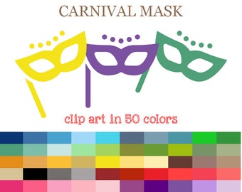 50 Colors Digital CARNIVAL MASK Clipart Mardi Gras Clip Art Rainbow Masque Digital Masquerade Mask Party Mask Scrapbooking Crafting #C017