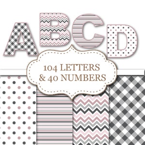 Pink and Gray Alphabet Clipart Polka dots Stripes Chevron Alphabet Clip Art Digital Letters Number Clipart ABC Clipart 4&#39;&#39; 300dpi #L007