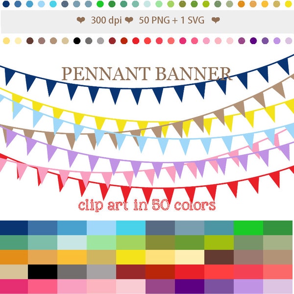 50 Colors Digital PENNANT BANNER Clipart Party Clip Art Rainbow Pennant Banner Digital Scrapbooking Crafting PNG Instant Download #C036