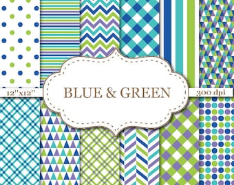 BLUE & GREEN Geometric Digital Paper Pack Blue Green Chevron Stripes Dots Geometric pattern paper Instant Download 12"x12" #P078