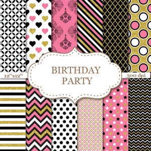 BIRTHDAY PARTY classic digital papers Celebrate Digital papers Pink Black Gold Digital Paper Pack Heart Stripe Chevron Polka 12&quot;x12&quot; #P051