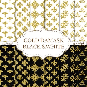 GOLD DAMASK Black & White Christmas digital paper Black White Gold Damask Digital Paper Gold Damask Background Damask Pattern 12&quot;x12&quot; #P012