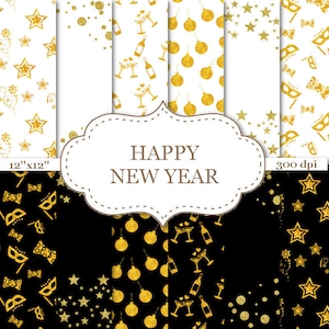 Ano novo papel digital preto branco ouro ano novo padrões sem emenda scrapbook papel véspera de ano novo padrão celebração # p037