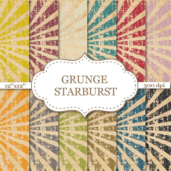 GRUNGE STARBURST Digital Paper Grunge digital paper Vintage starburst backgrounds Sunburst digital paper Distressed digital paper #P019