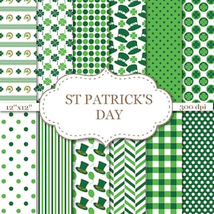 ST PATRICK'S DAY Digital Paper Pack Saint Patrick Papers Green Digital Papers Clover Digital Paper Shamrock Patterns 12"x12" #P098