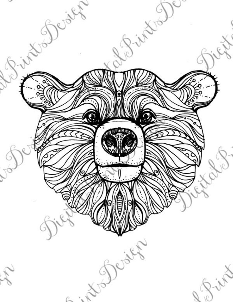 Bear Zentangle Art Print Adult Coloring Page Printable Art Black and White Digital Download Wall Art SVG #Z002