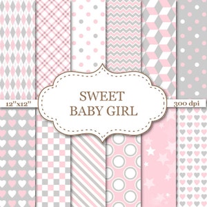 Rose et gris bébé fille papier numérique horizons nouveaux arrière-plans de naissance papier numérique bébé avec coeur rayure Polka Dot Star motifs #P023