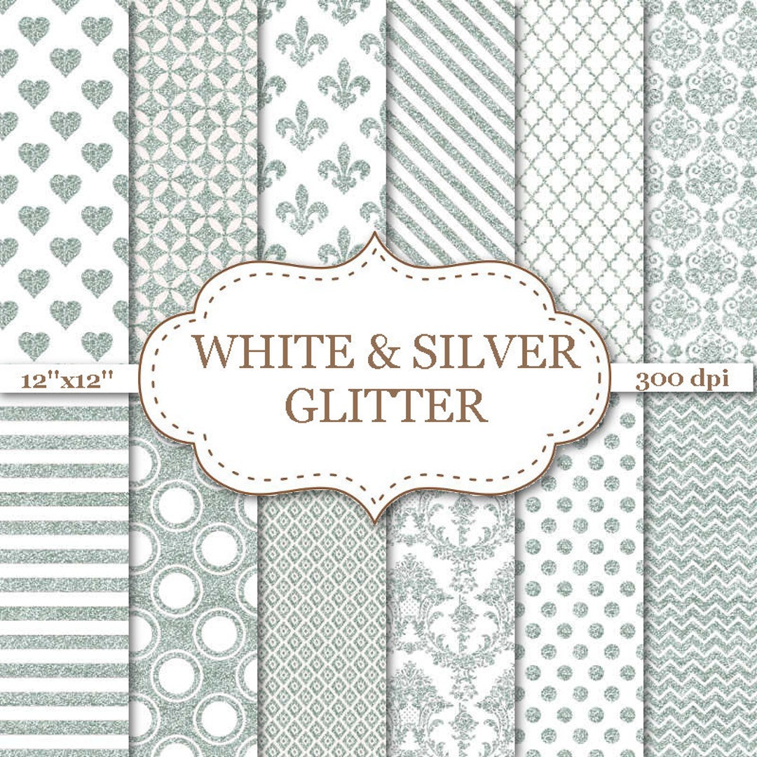 WHITE & SILVER Glitter Patterns Digital Paper Wedding Birthday Paper ...