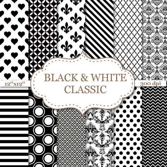 BLACK & WHITE Classic Pattern Digital Paper Printable Black White Scrapbook  Background Black Papers Cardscraft Supplies 300dpi 12x12 P046 