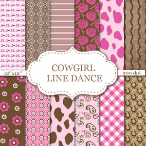 COWGIRL LINE DANCE Digital Paper Seamless Pattern Pink Brown Paper Rodeo Digital Paper Cowgirl party paper Instant Download 12&quot;x12&quot; #P064